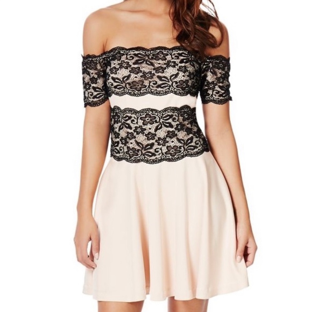 JUSTFAB Nude Dress with Black Lace